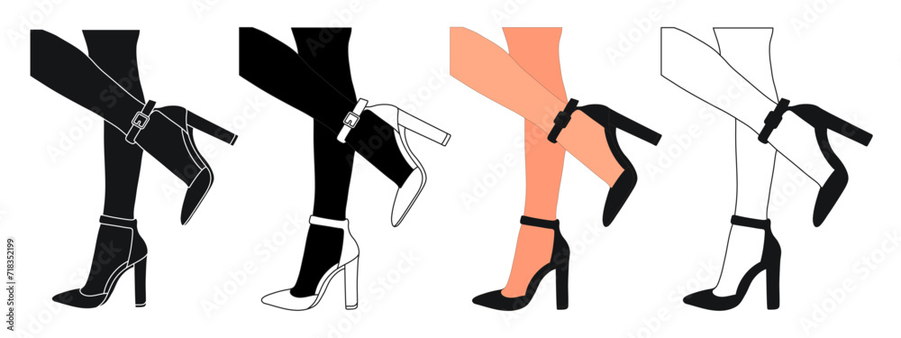 Silhouette outline of female legs in a pose. Shoes stilettos, high heels. Walking, standing, running, jumping, dance Silhouette outline of female legs in a pose. Shoes stilettos, high heels. Walking, standing, running, jumping, dance