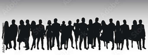 Black silhouette of young couples of guys and girls, crowd, group, team, band, isolated vector