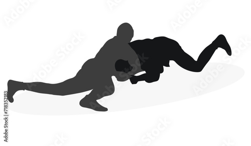 Image of silhouettes sambo athletes in sambo wrestling, combat sambo, duel, fight, fistfight, struggle, tussle, brawl, jiu jitsu. Martial art, sportsmanship