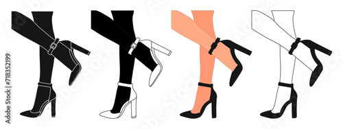 Silhouette outline of female legs in a pose. Shoes stilettos, high heels. Walking, standing, running, jumping, dance