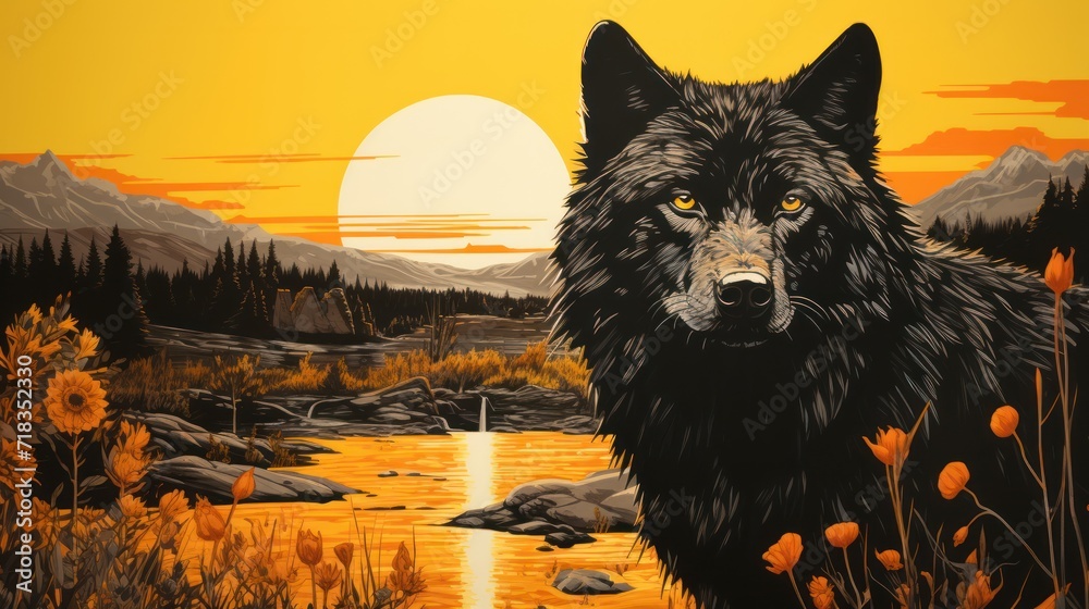 a painting of a wolf standing in a field of wildflowers with the sun setting in the background and a body of water in the foreground. a painting of a wolf standing in a field of wildflowers with the sun setting in the background and a body of water in the foreground.