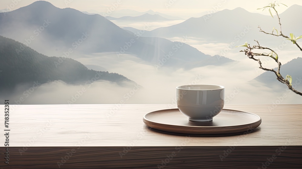 table and cup in a nature background interact with the environment, details of the scene including the texture of the table, steam rising from the tea, and distant elements of the mountain landscape