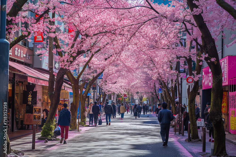 cherry blossom trees in full bloom, the pink and white flowers creating a picturesque canopy, people walking underneath