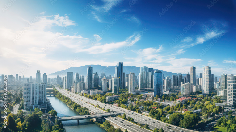 Fototapeta premium Futuristic city view with towering buildings and verdant parks