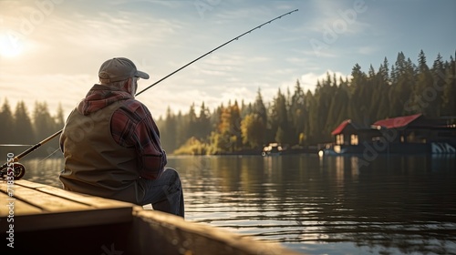 an elderly man fishing, this gives a clear picture of fishing. A side view enhances the narrative aspect of the photograph.