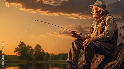an elderly man fishing, this gives a clear picture of fishing. A side view enhances the narrative aspect of the photograph.