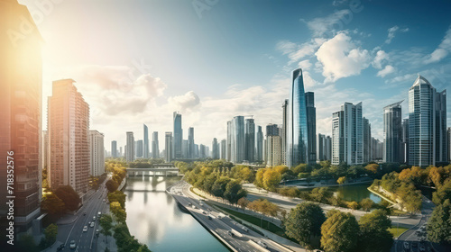 Skyscrapers reach for blue sky amid forest of greenery