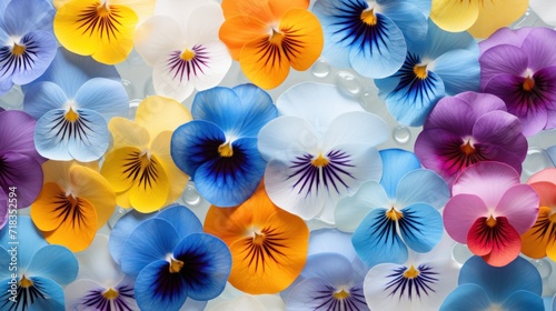  a group of colorful flowers floating on top of a body of water in front of a blue sky and white background.