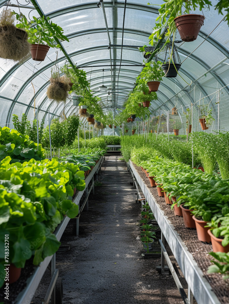 greenhouse, with rows of diverse plants, hanging pots, and a clear view of the intricate structure of the roof and walls