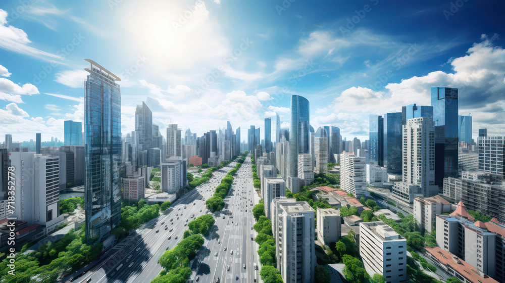 Obraz premium Lush trees complement futuristic skyscrapers in modern great city