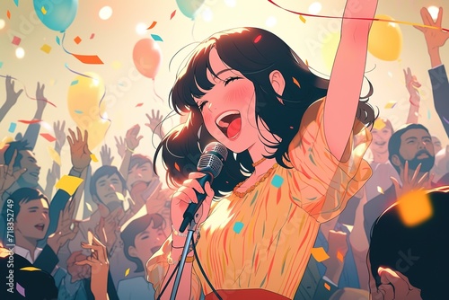 pretty anime girl singing in festival into a microphone in a crowd of people in retro style photo
