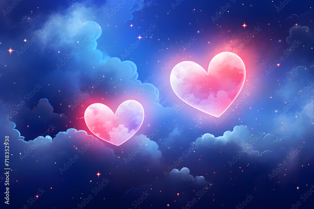Two pink glowing hearts on blue and purple starry night sky. Love, Valentine's day, wedding concept. Romantic background for design greeting card, print, poster, banner