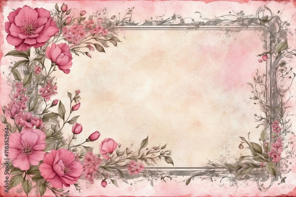 vintage pink rose frame with shabby chic look style, aged paper
