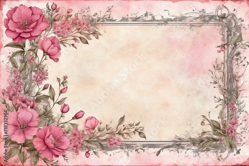vintage pink rose frame with shabby chic look style, aged paper