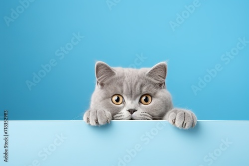 adorable young gray british cat peeking out against a blue background