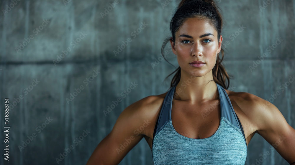 A fierce fashion model strikes a confident pose, her sculpted muscles visible in a sleeveless tank top against a grey wall backdrop, exuding strength and elegance A fierce fashion model strikes a confident pose, her sculpted muscles visible in a sleeveless tank top against a grey wall backdrop, exuding strength and elegance