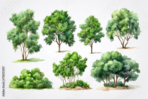 collection of watercolor trees and bushes on white background  forest collection  summer green foliage