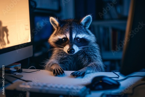 A curious procyonidae explores the digital world, perched at an indoor computer with the cunning of a mammal photo