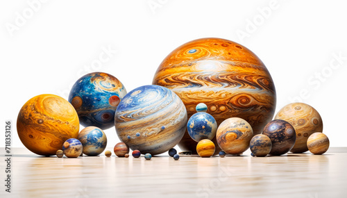 planets including Jupiter and Saturn on a wooden floor with a white background