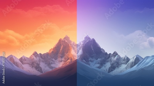  a picture of a mountain range in two different shades of pink, purple, and blue with clouds in the background.