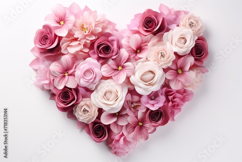 heart made of different pink flowers on white background top view, romantic valentines day design © Маргарита Вайс