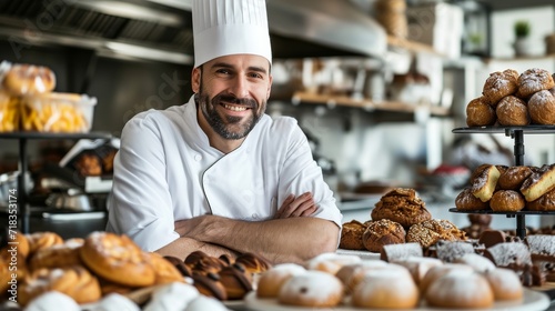 A skilled man in a chef's uniform creates delectable treats in a bustling bakery, satisfying cravings for fast food desserts with his perfectly baked donuts and pastries