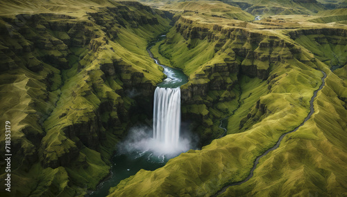 Scenic view of waterfall in iceland on a vast canyon. Travel and adventure concept background.