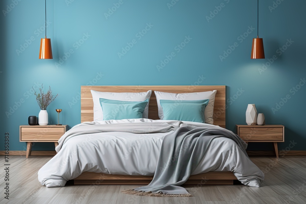 Modern bedroom interior with a soft cozy bed, pillows with blue wall