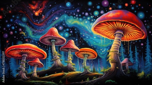  a painting of a group of mushrooms in a forest with a night sky and stars in the sky behind them.