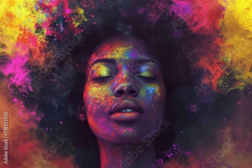 A vibrant and expressive portrait of a woman adorned with a rainbow of paint, showcasing the beauty of human creativity and individuality through art
