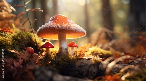  a group of mushrooms sitting on top of a lush green forest covered in leafy green and brown grass next to a forest floor.