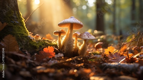 a group of mushrooms sitting on top of a forest floor next to a forest floor covered in leaves and grass.