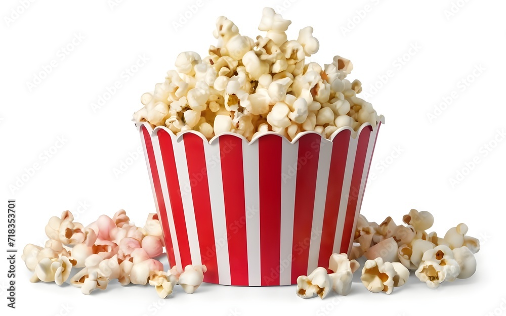 popcorn red white paper bucket isolated, white background, movies concept popcorn red white paper bucket isolated, white background, movies concept