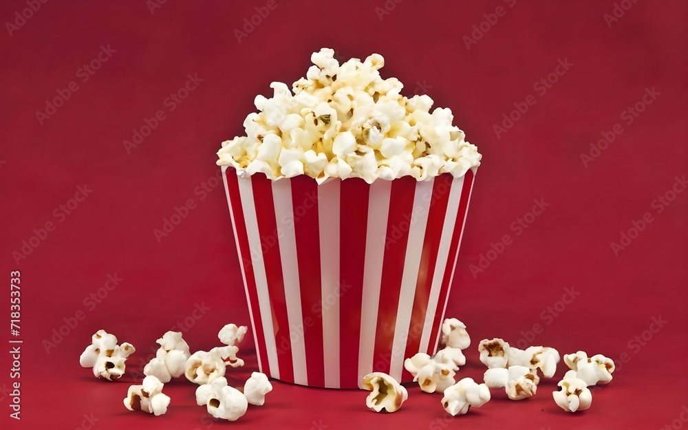 popcorn red white paper bucket isolated, red background, movies concept
popcorn red white paper bucket isolated, red background, movies concept
