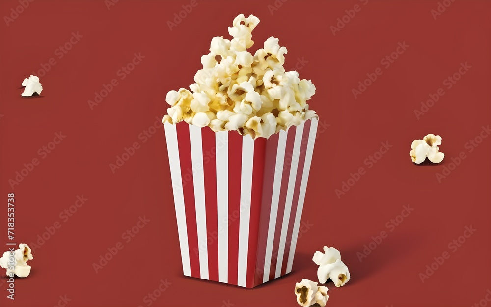 popcorn red white paper bucket isolated, red background, movies concept

