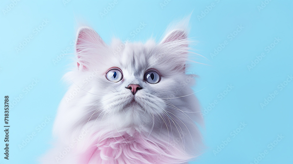 Portrait of a beautiful fluffy cat sitting on a pastel background in a studio and posing in a camera. Advertising for animals. The cat sits in the background. You ar to your ad. Copyspace. Pet concept Portrait of a beautiful fluffy cat sitting on a pastel background in a studio and posing in a camera. Advertising for animals. The cat sits in the background. You ar to your ad. Copyspace. Pet concept