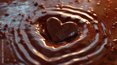 Heart-shaped chocolate buried in liquid chocolate. Love, Valentine concept. 3d rendering.