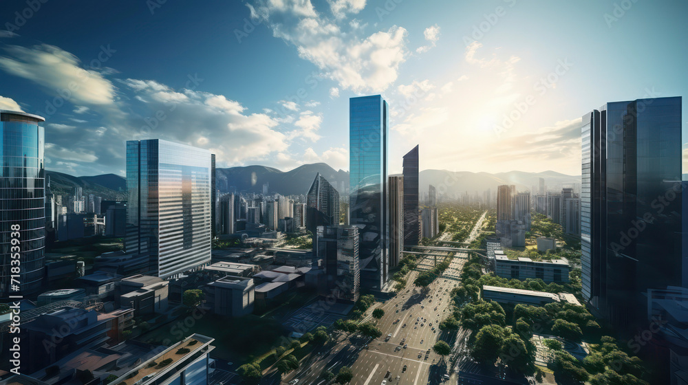 Futuristic city view with towering buildings and flourishing greenery