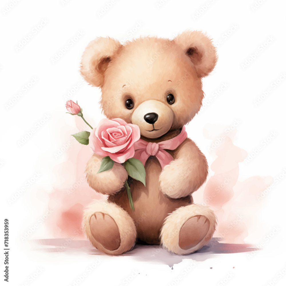 cute little teddy bear holding a pink rose for valentine's day postcard, valentine's day card, generative AI