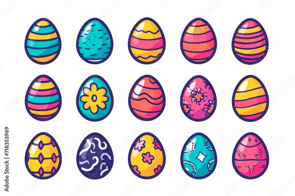 A vibrant display of childlike artistry, featuring a diverse array of intricately designed eggs bursting with color and creativity
