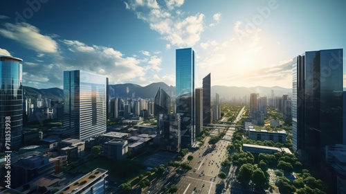 Futuristic city view with towering buildings and flourishing greenery