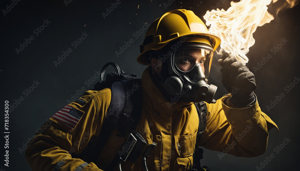 Firefighter in safety gear battles flames in darkness caused by artificial intelligence Firefighter in safety gear battles flames in darkness caused by artificial intelligence