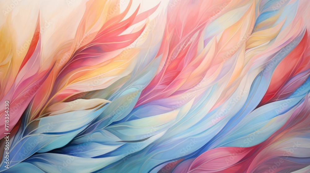  a painting of multicolored feathers on a white background with a red, yellow, blue, and pink color scheme.