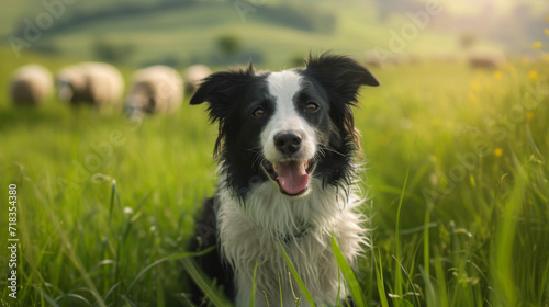Border collie in a large green hilly meadow. Sheep are in the blurred background. Smart sheepdog.