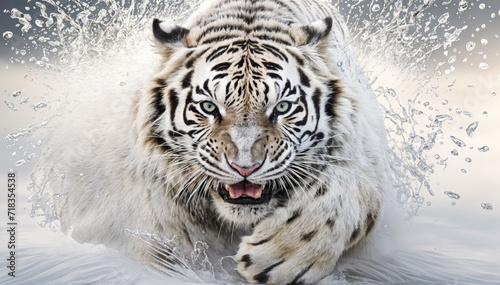 A white tiger with a black stripe running through water with its mouth open and teeth showing