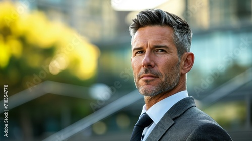 A distinguished gentleman in a sharp suit stands in front of a towering building, his face exuding confidence and sophistication, dressed to impress in a crisp dress shirt and collar