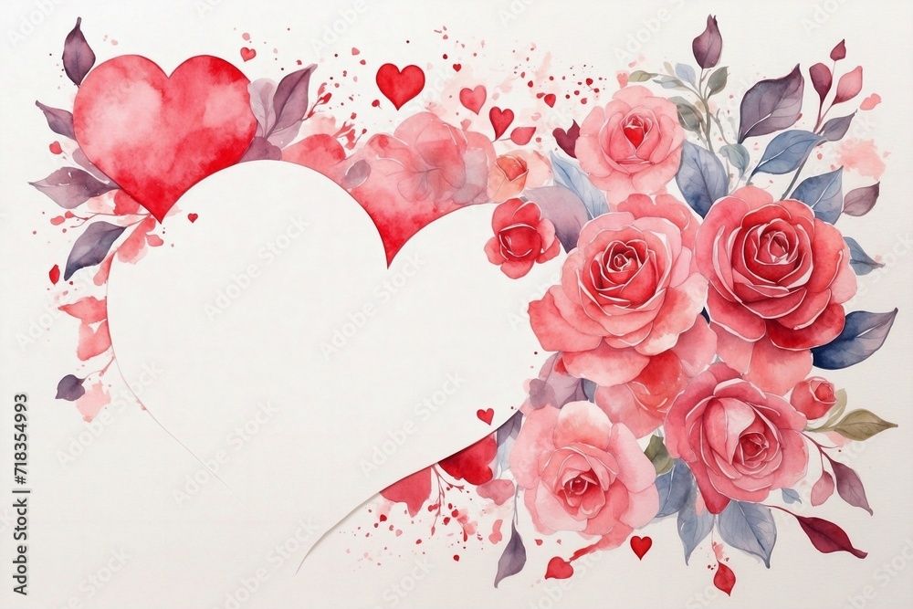 watercolour valentine card with pink roses background, copy space, Valentine Day