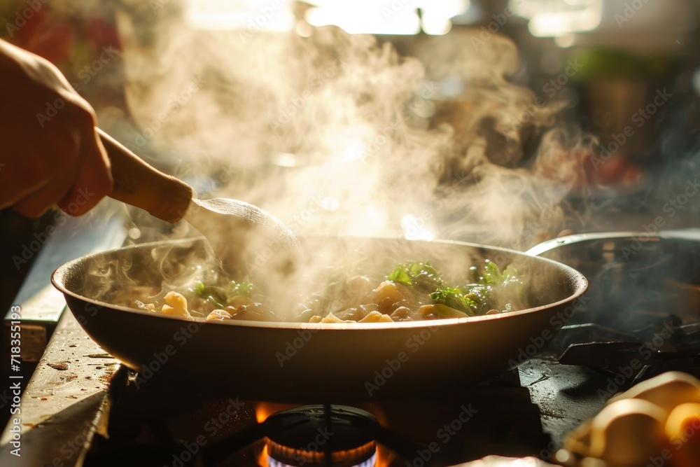 A person expertly cooks a delicious meal in a wok over an outdoor stove, using a variety of kitchenware including a frying pan, saute pan, and pot, while adding fresh vegetables to the mix in a cozy A person expertly cooks a delicious meal in a wok over an outdoor stove, using a variety of kitchenware including a frying pan, saute pan, and pot, while adding fresh vegetables to the mix in a cozy