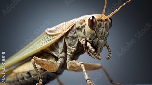 a close up of a grasshopper insect on a gray background with a blurry image of the insect's head. © Anna