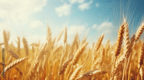  a close up of a wheat field with a blue sky in the back ground and clouds in the back ground.